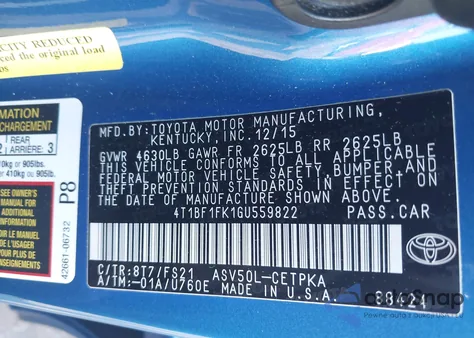 2016 Toyota Camry Se из США, поврежденный, VIN 4T1BF1FK1GU559822